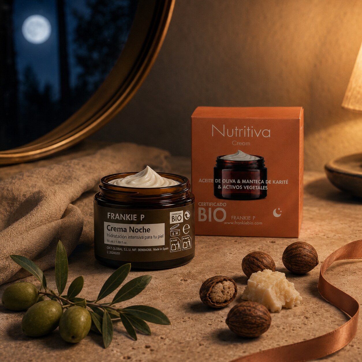 Crema de noche BIO: cómo nutrir la piel mientras duermes: producto FRANKIE P en una escena botánica sensorial