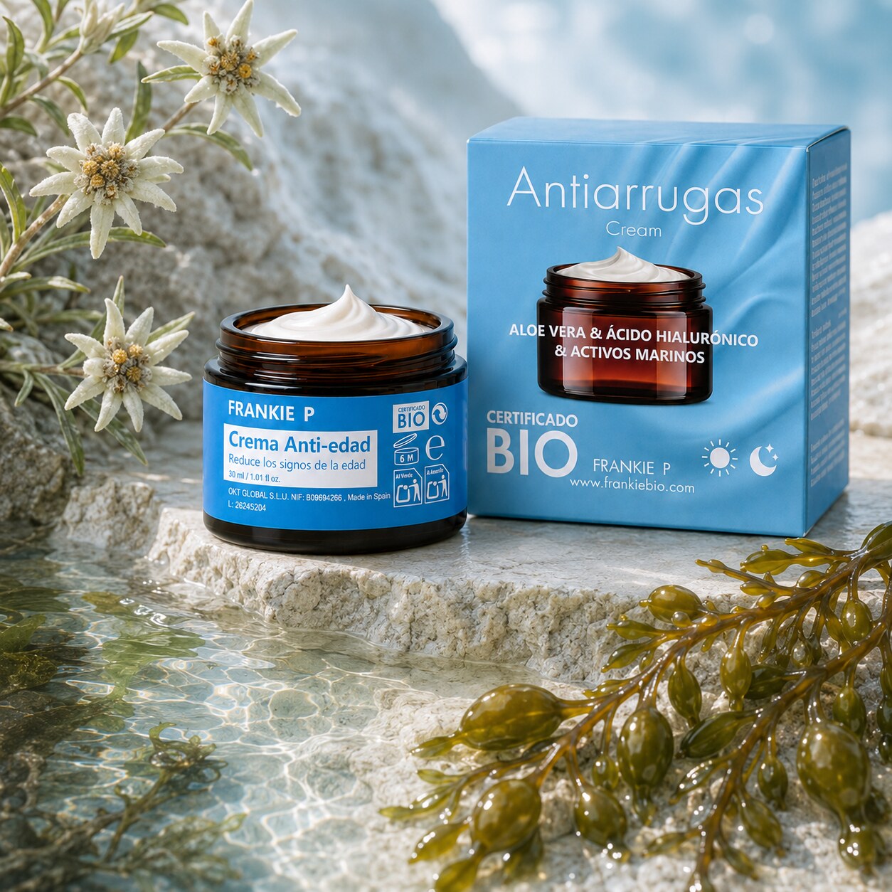 Crema anti-edad BIO: hidratación, firmeza y activos marinos: producto FRANKIE P en una escena botánica sensorial
