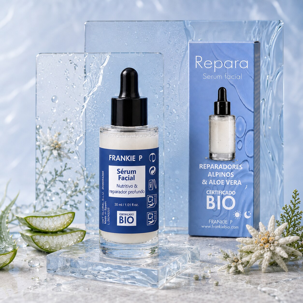 Sérum facial BIO: cuándo usarlo y cómo combinarlo: producto FRANKIE P en una escena botánica sensorial