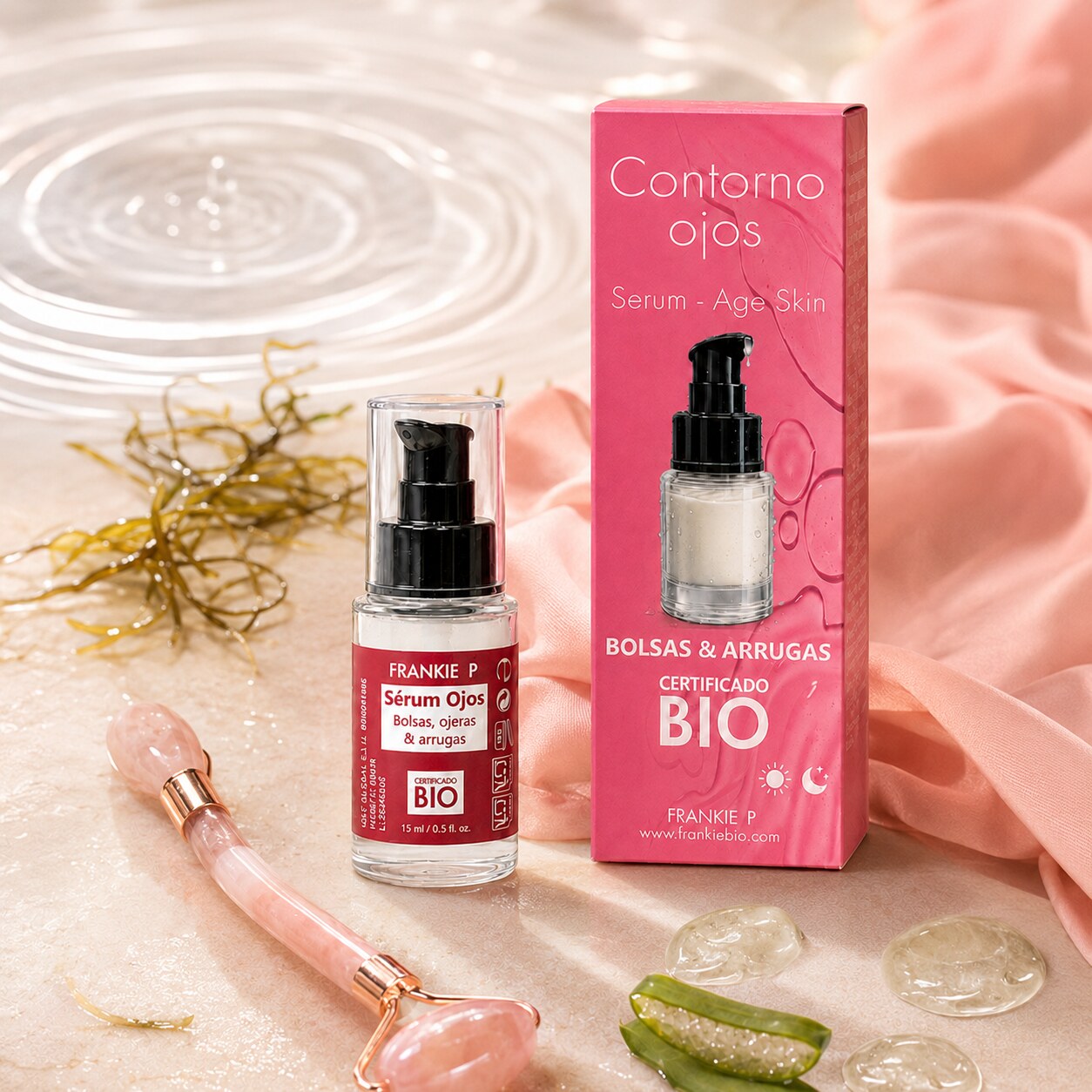 Contorno de ojos BIO: rutina para una mirada descansada: producto FRANKIE P en una escena botánica sensorial