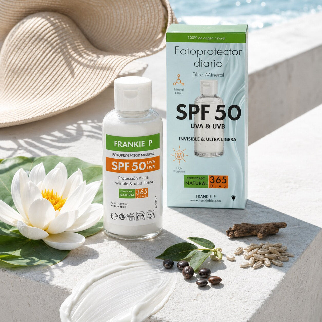 Protector solar mineral SPF 50: por qué usarlo cada día: producto FRANKIE P en una escena botánica sensorial