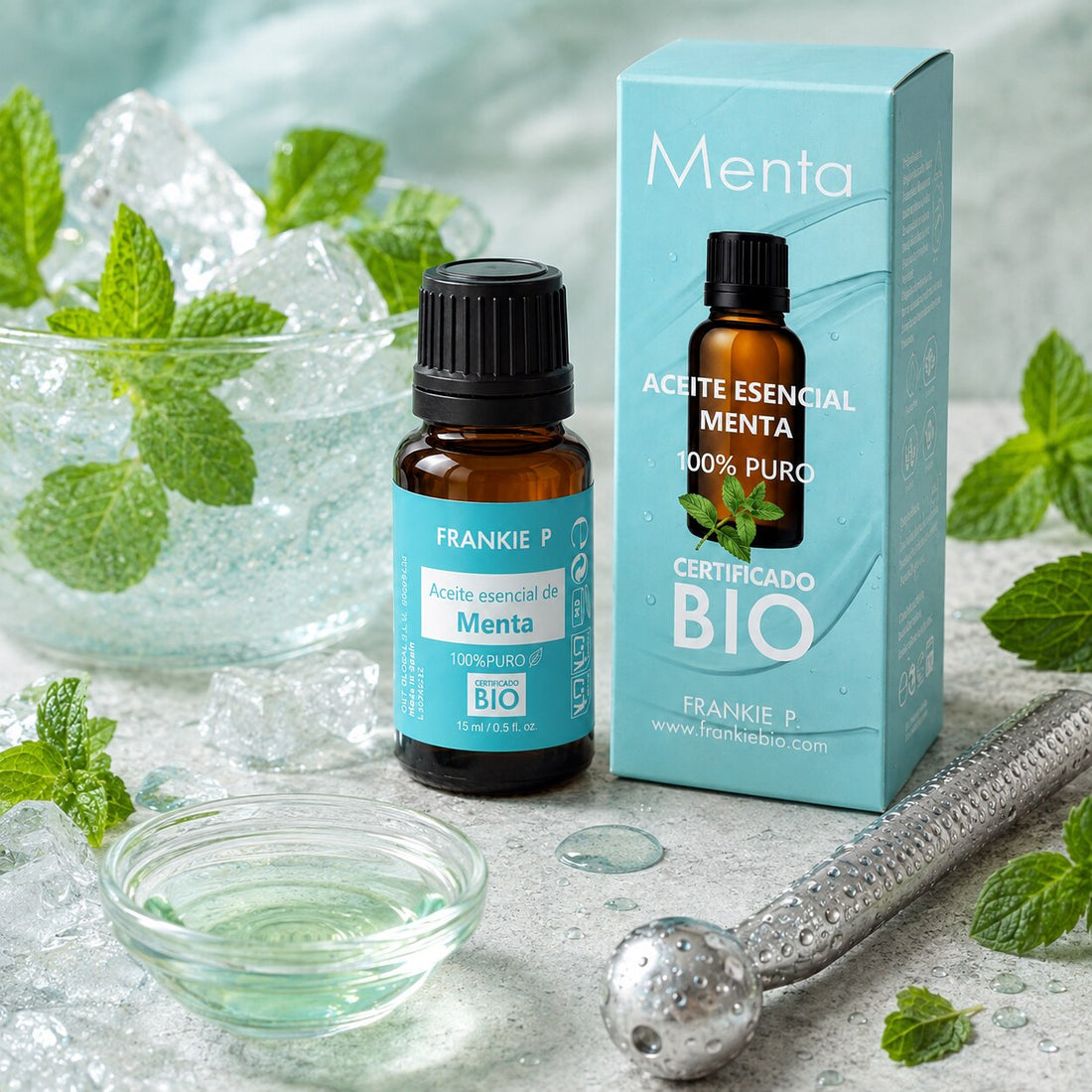 Aceite esencial de menta piperita BIO: frescor y uso seguro: producto FRANKIE P en una escena botánica sensorial