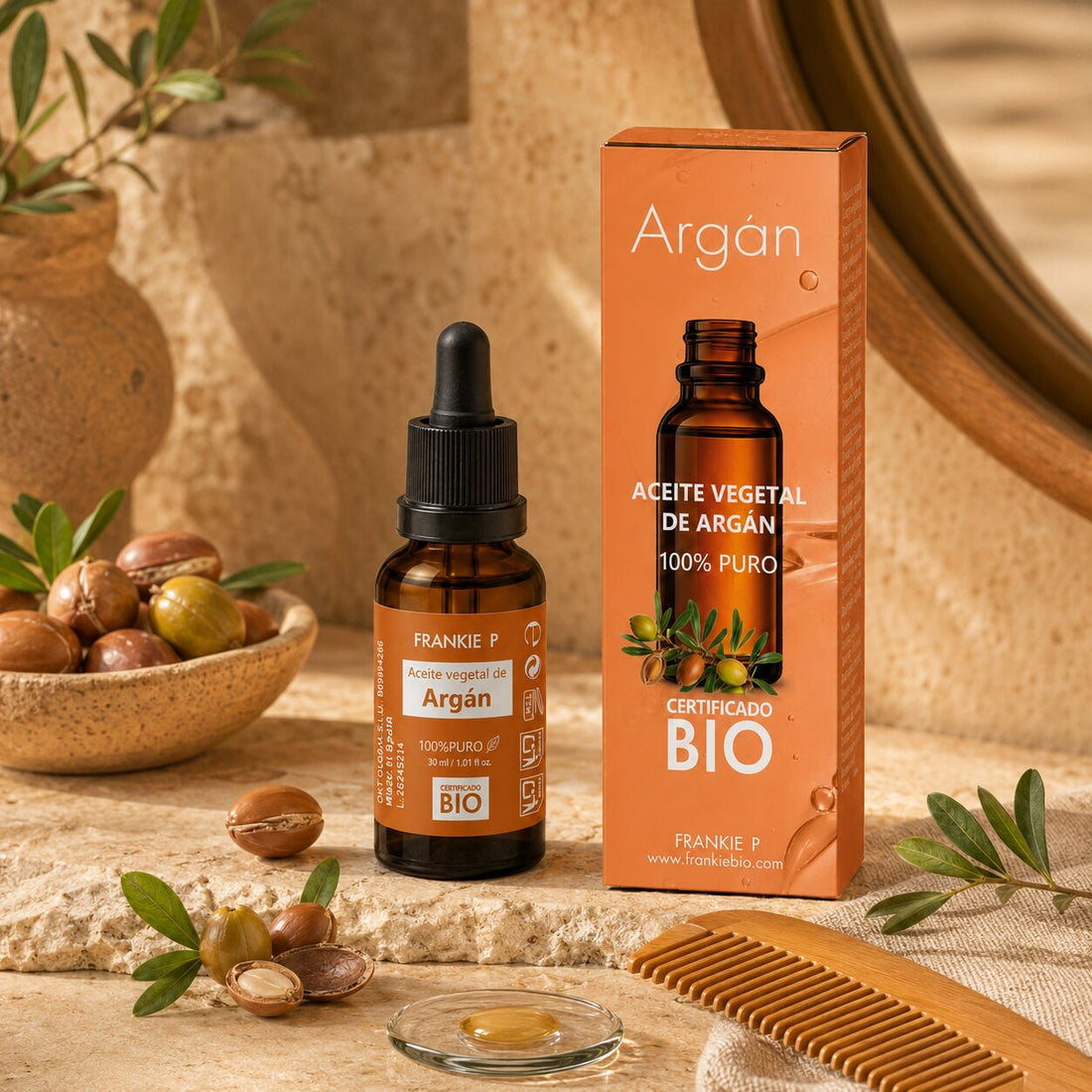 Aceite de argán BIO: cómo usarlo en piel, cabello y uñas: producto FRANKIE P en una escena botánica sensorial