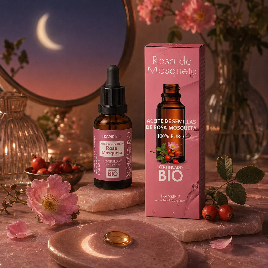 Aceite de rosa mosqueta BIO: rutina nocturna para la piel: producto FRANKIE P en una escena botánica sensorial
