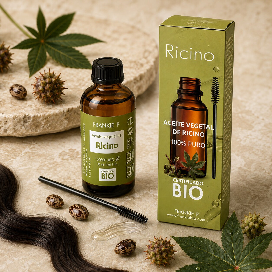 Aceite de ricino BIO: cómo aplicarlo en pestañas, cejas y cabello: producto FRANKIE P en una escena botánica sensorial