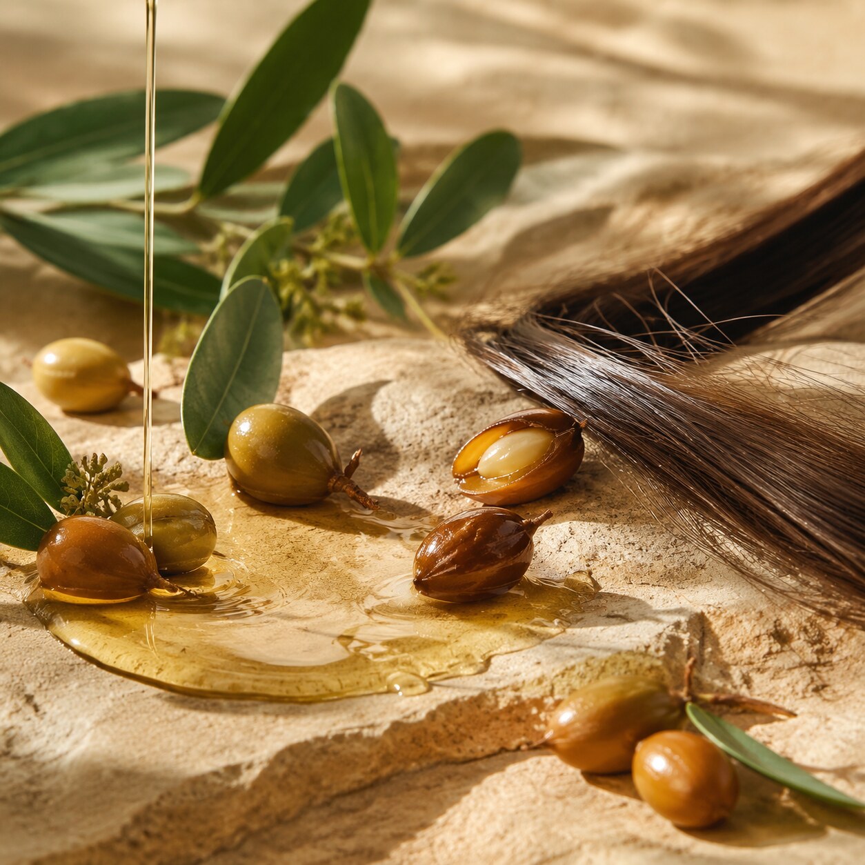 Aceite de jojoba: equilibrio ligero para piel y cabello: representación botánica y textura cosmética del activo