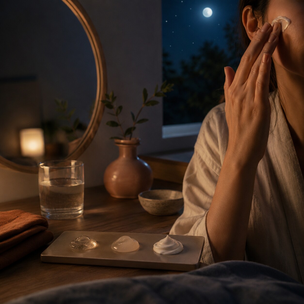 Rutina facial BIO de noche: menos pasos, más constancia: escena editorial de la rutina y su aplicación