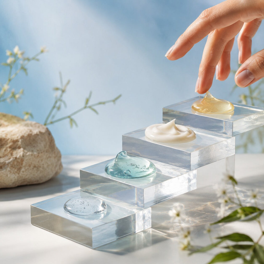¿En qué orden se aplican los productos de la rutina facial?: escena editorial de la rutina y su aplicación