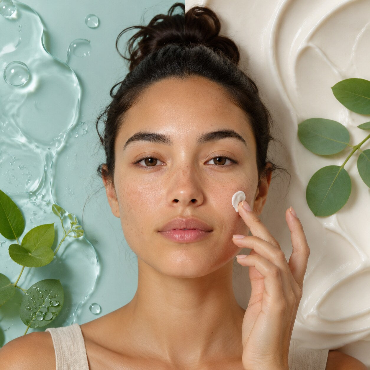 Rutina BIO para piel mixta y con imperfecciones: escena editorial de la rutina y su aplicación