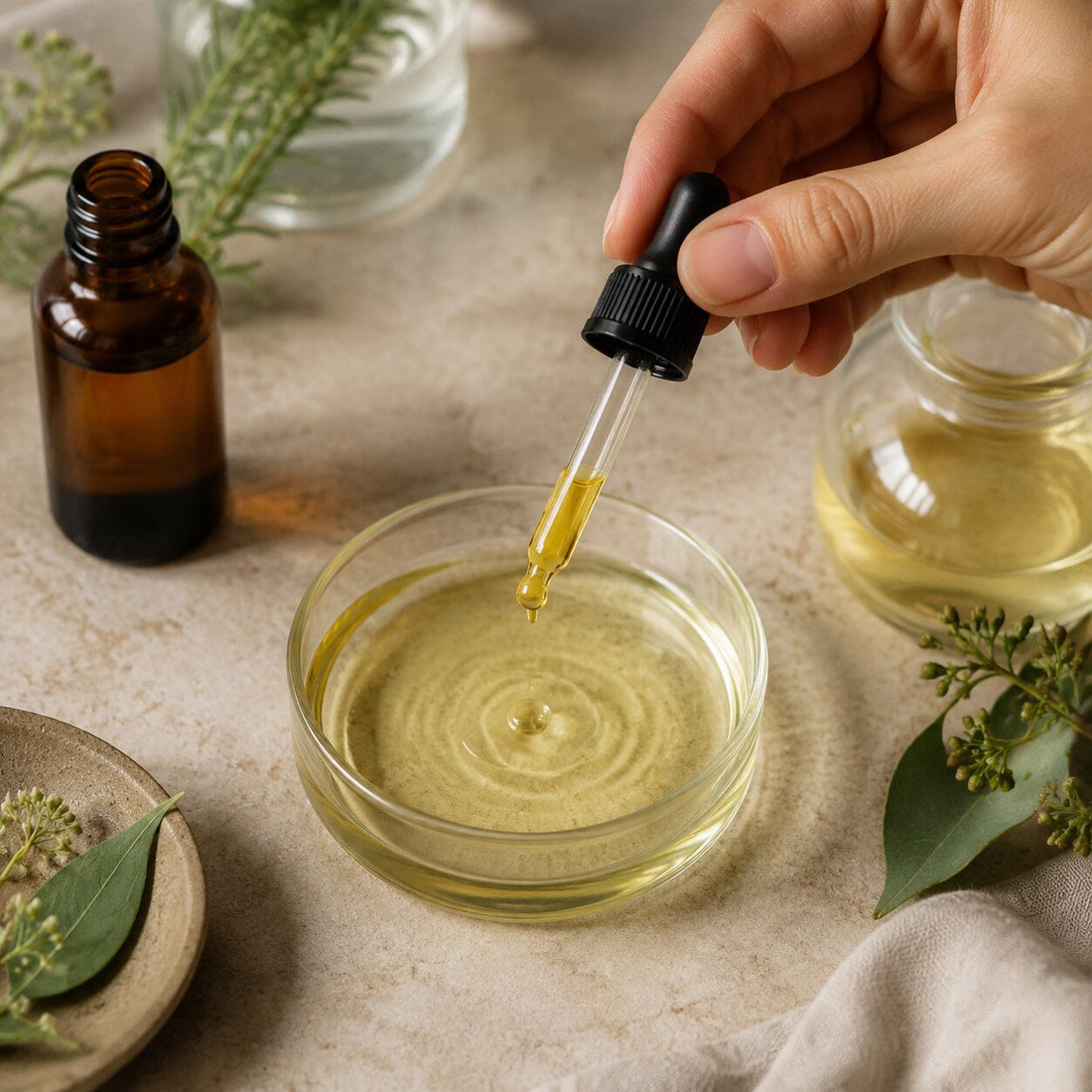 Cómo diluir aceites esenciales para uso cosmético: escena editorial de la rutina y su aplicación