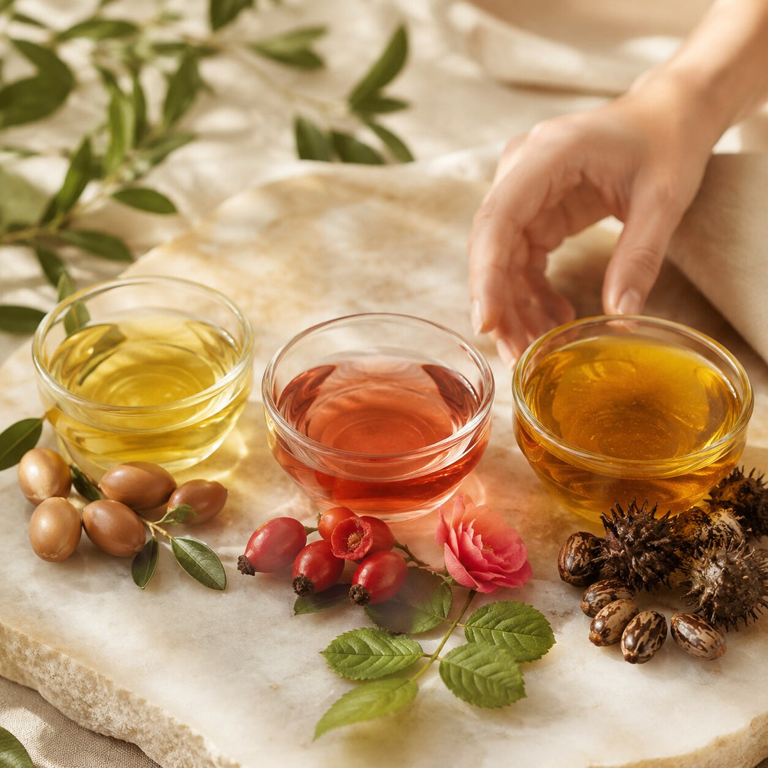 ¿Qué aceite vegetal elegir para diluir aceites esenciales?: escena editorial de la rutina y su aplicación