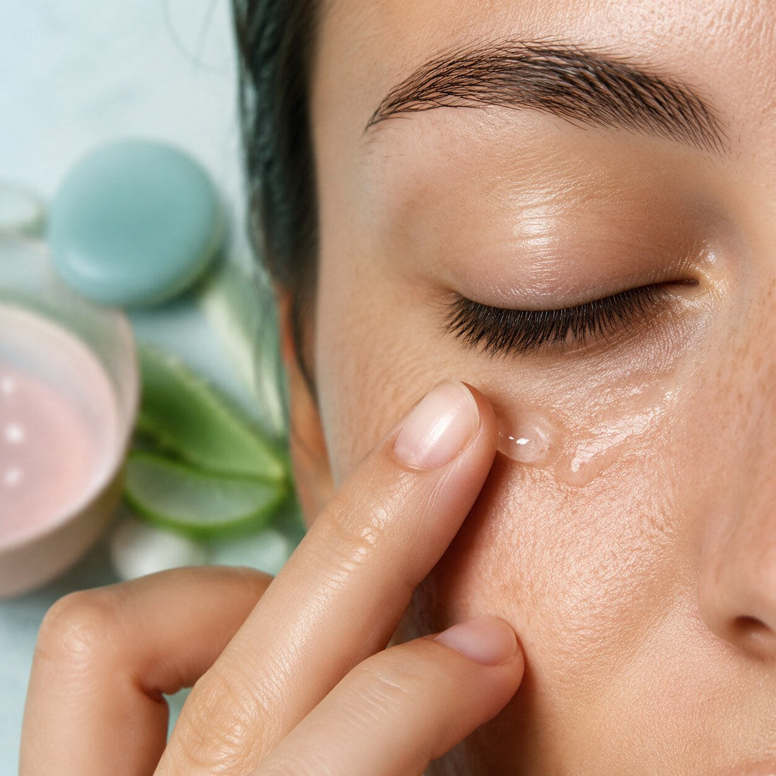 Rutina para bolsas, ojeras y contorno de ojos deshidratado: escena editorial de la rutina y su aplicación