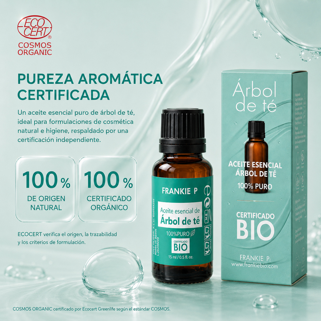 Aceite esencial de Árbol de Té Frankie P con certificación ECOCERT COSMOS Organic
