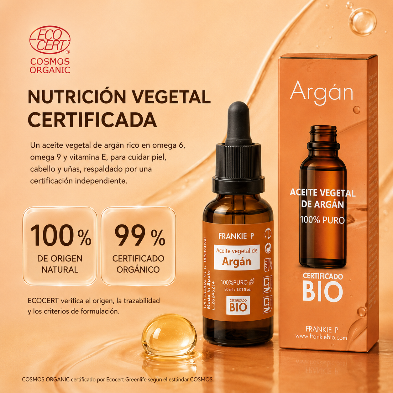 Aceite vegetal de Argán Frankie P con certificación ECOCERT COSMOS Organic