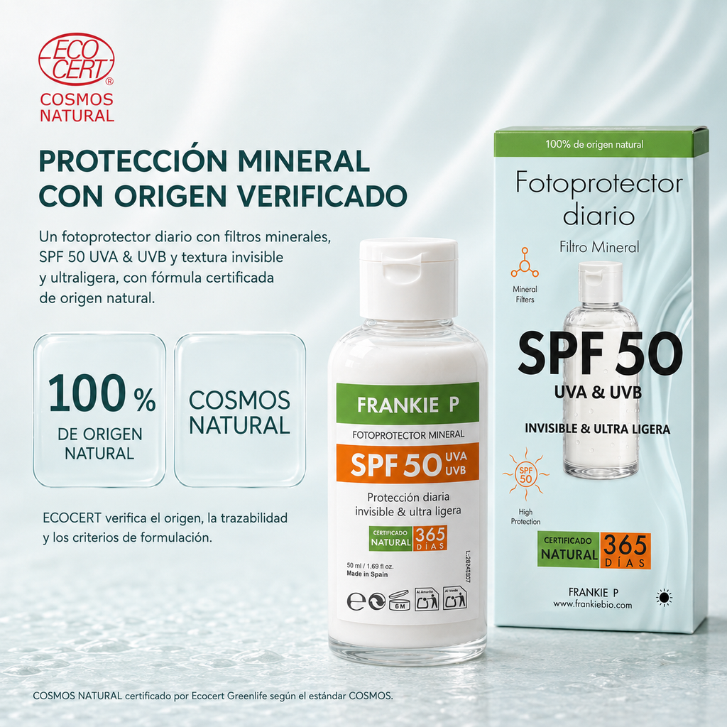 Fotoprotector Mineral Frankie P con certificación ECOCERT COSMOS Natural