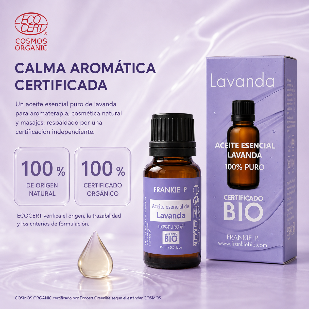 Aceite esencial de Lavanda Frankie P con certificación ECOCERT COSMOS Organic