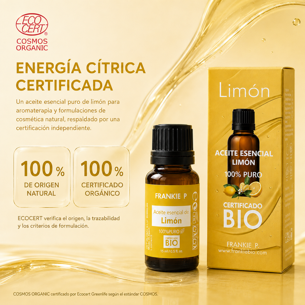Aceite esencial de Limón Frankie P con certificación ECOCERT COSMOS Organic