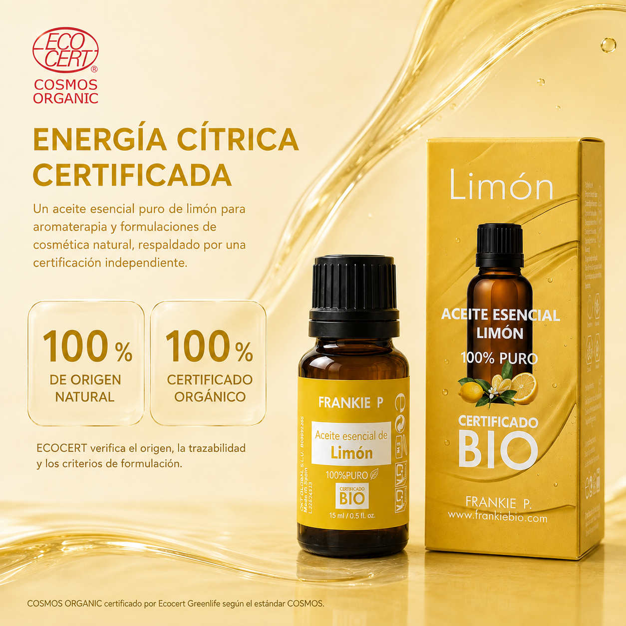 Aceite esencial de Limón Frankie P con certificación ECOCERT COSMOS Organic
