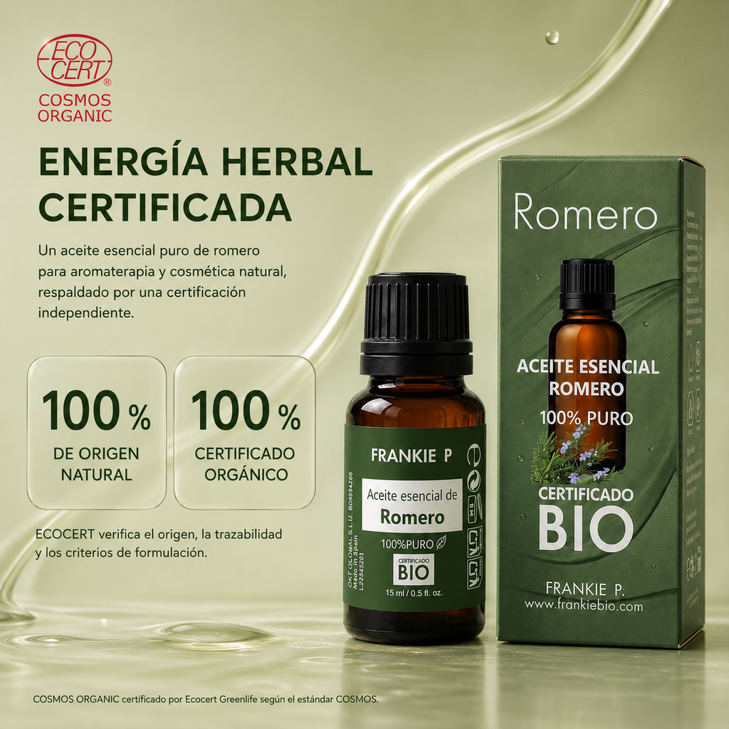 Aceite esencial de Romero Frankie P con certificación ECOCERT COSMOS Organic