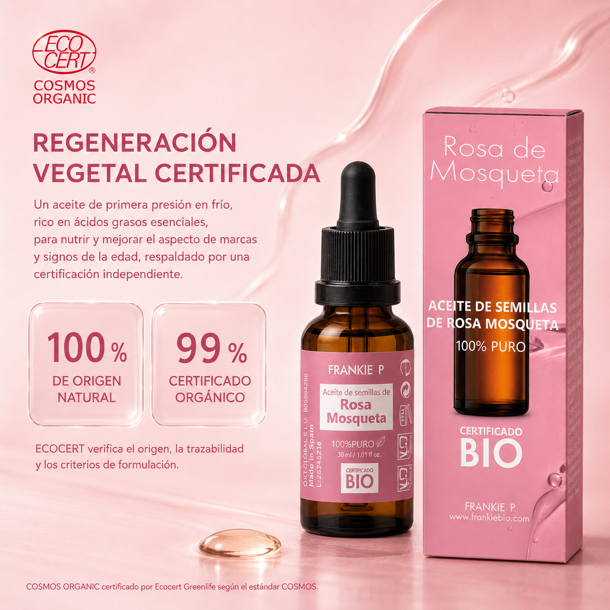 Aceite de Rosa Mosqueta Frankie P con certificación ECOCERT COSMOS Organic