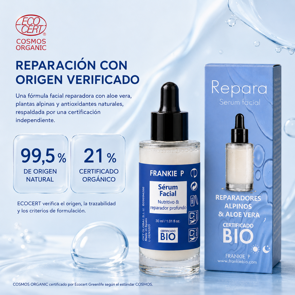 Sérum Facial Frankie P con certificación ECOCERT COSMOS Organic