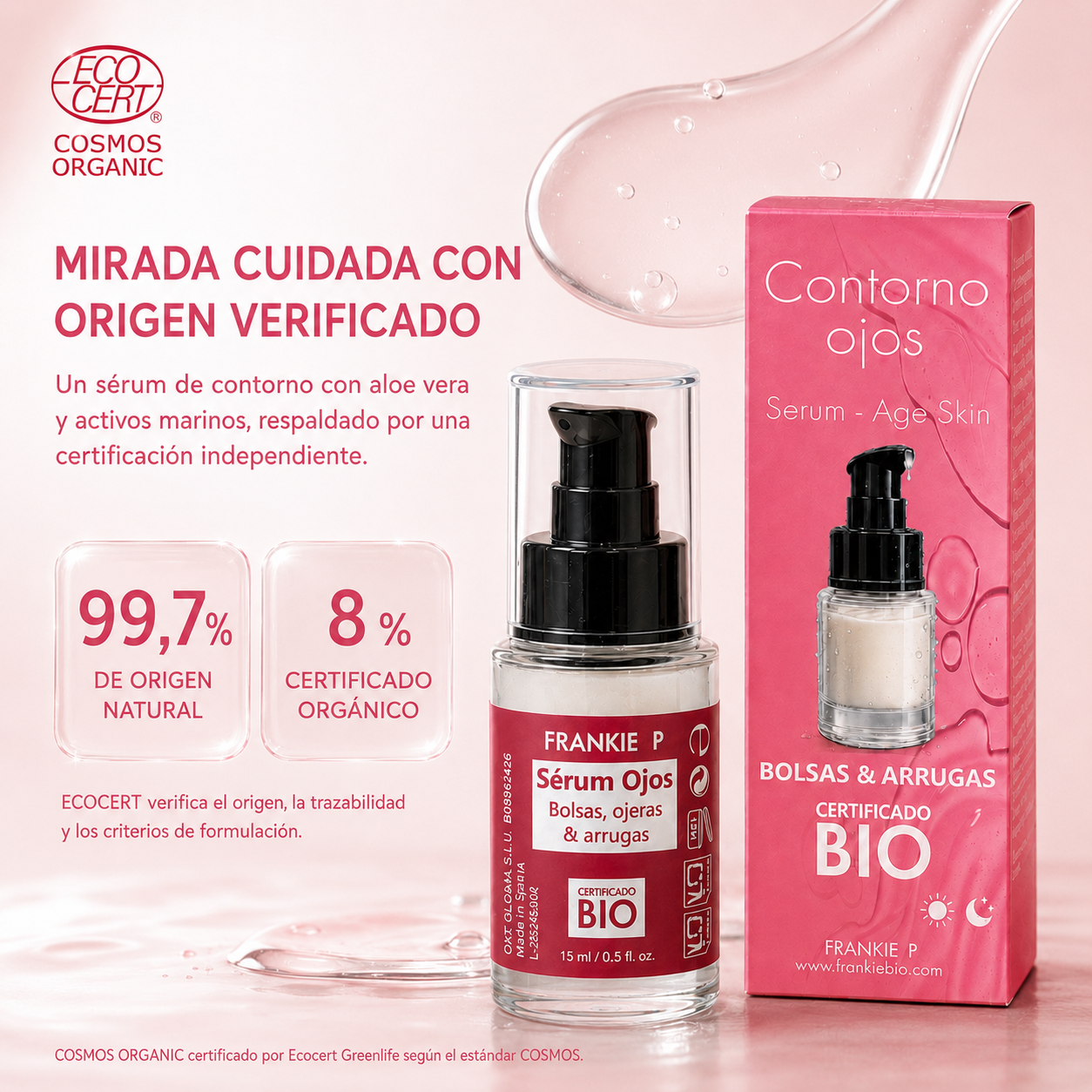 Sérum de Ojos Frankie P con certificación ECOCERT COSMOS Organic