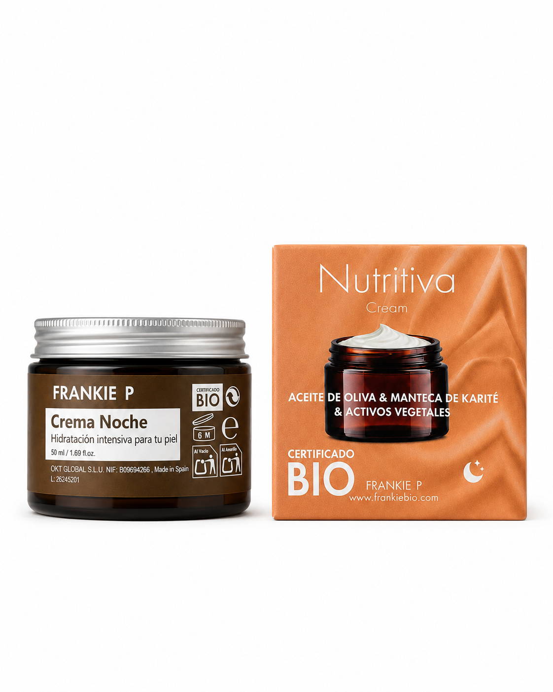 FRANKIE P Crema Noche BIO 50 ml con envase y estuche sobre fondo blanco