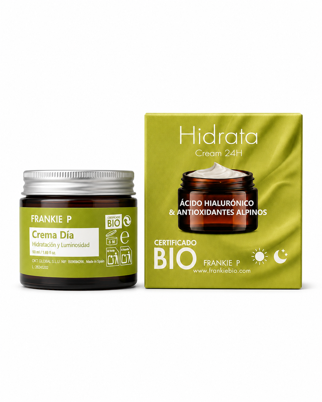 FRANKIE P Crema Día BIO 50 ml con envase y estuche sobre fondo blanco