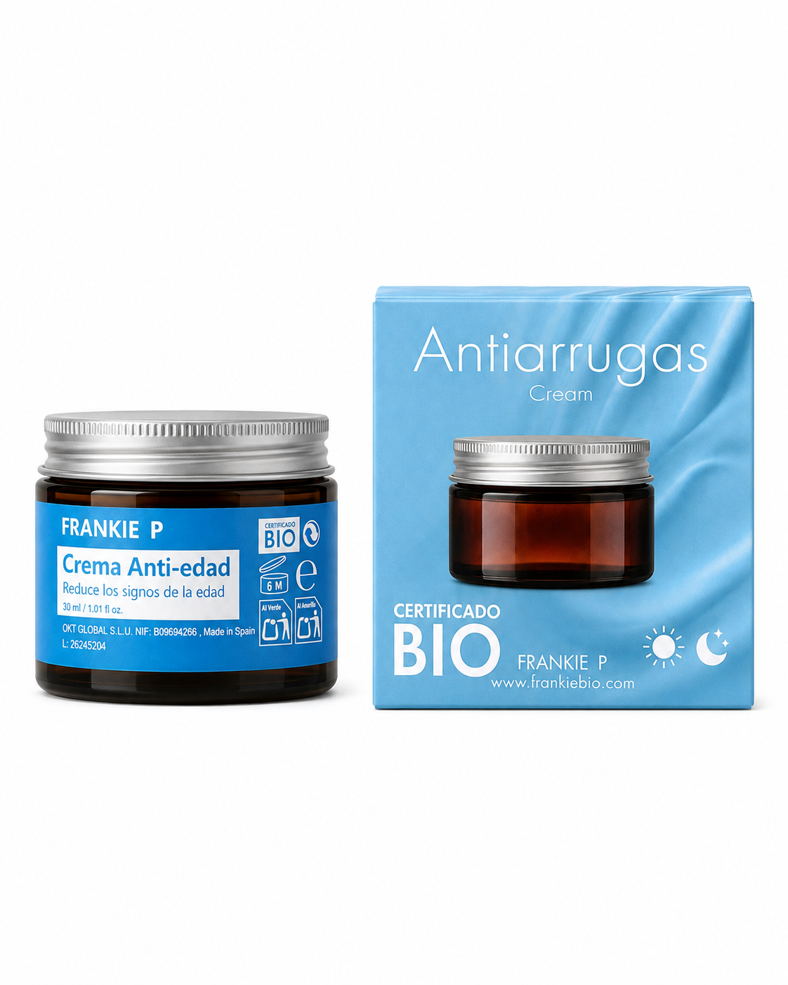 FRANKIE P Crema Anti-Edad BIO 30 ml con envase y estuche sobre fondo blanco