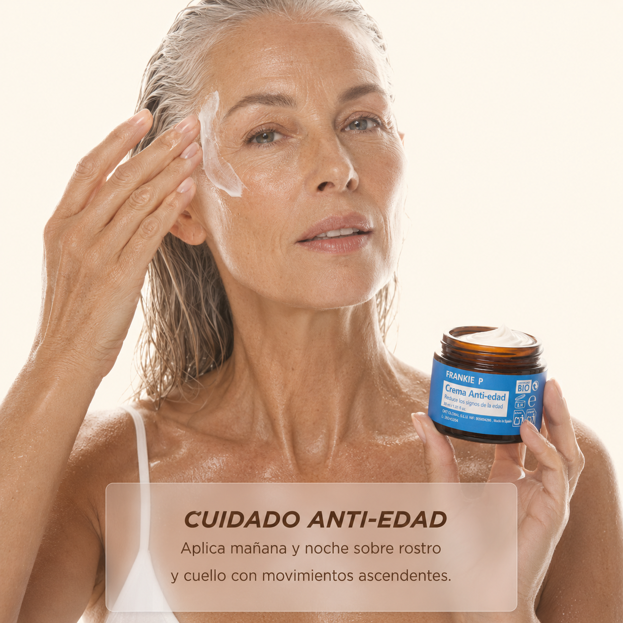 Crema Anti-Edad BIO FRANKIE P 30 ml en uso por una mujer