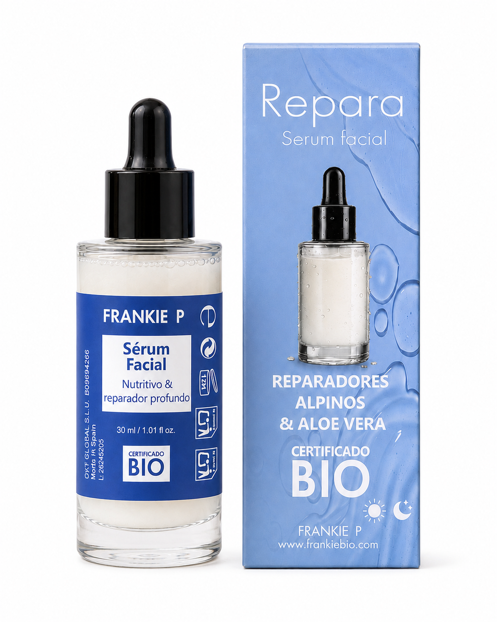FRANKIE P Sérum Facial BIO 30 ml con envase y estuche sobre fondo blanco