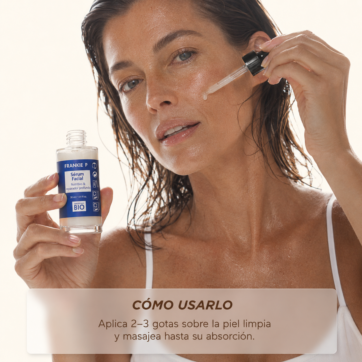 Sérum Facial BIO FRANKIE P 30 ml aplicado con cuentagotas