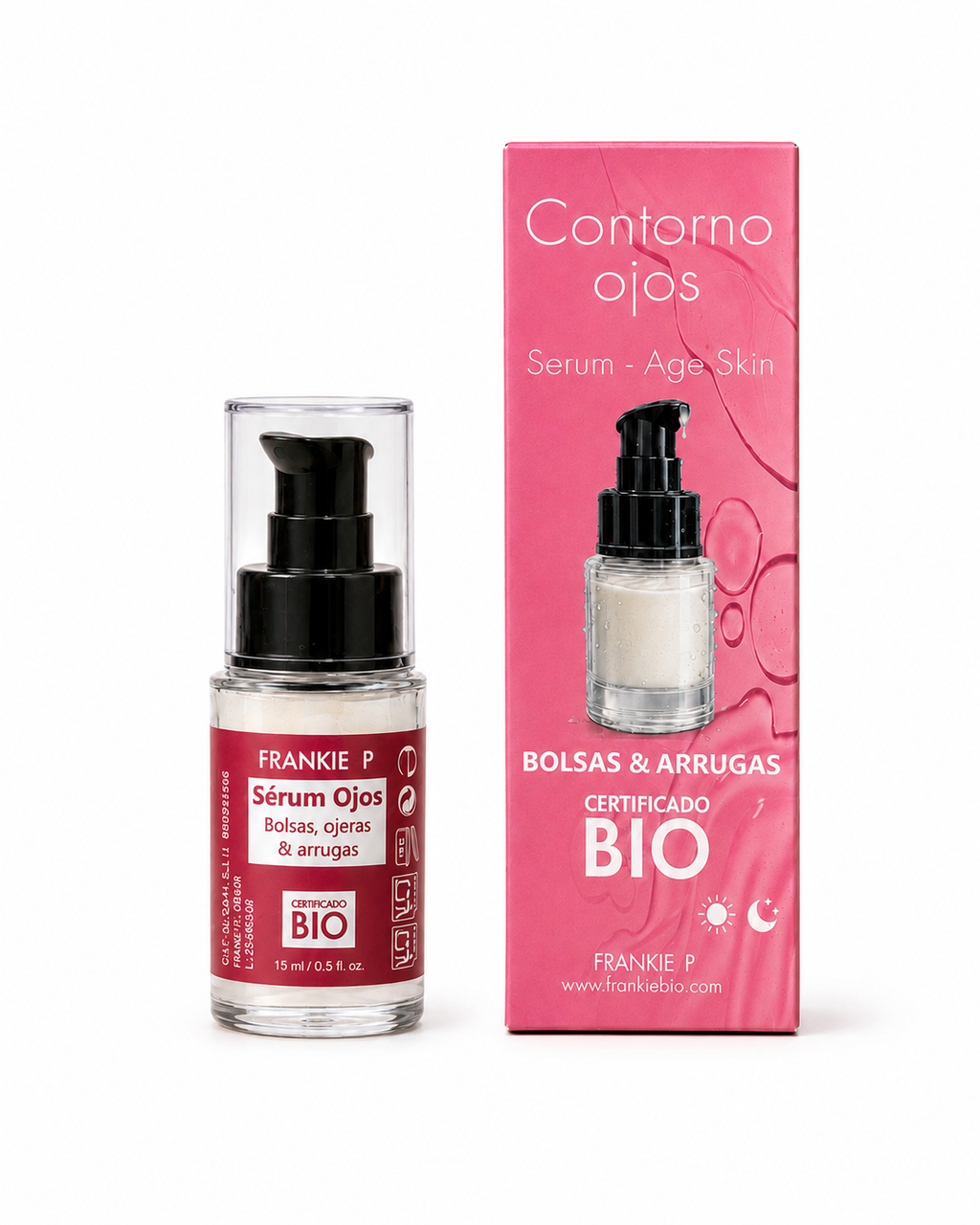FRANKIE P Sérum de Ojos BIO 15 ml con envase y estuche sobre fondo blanco