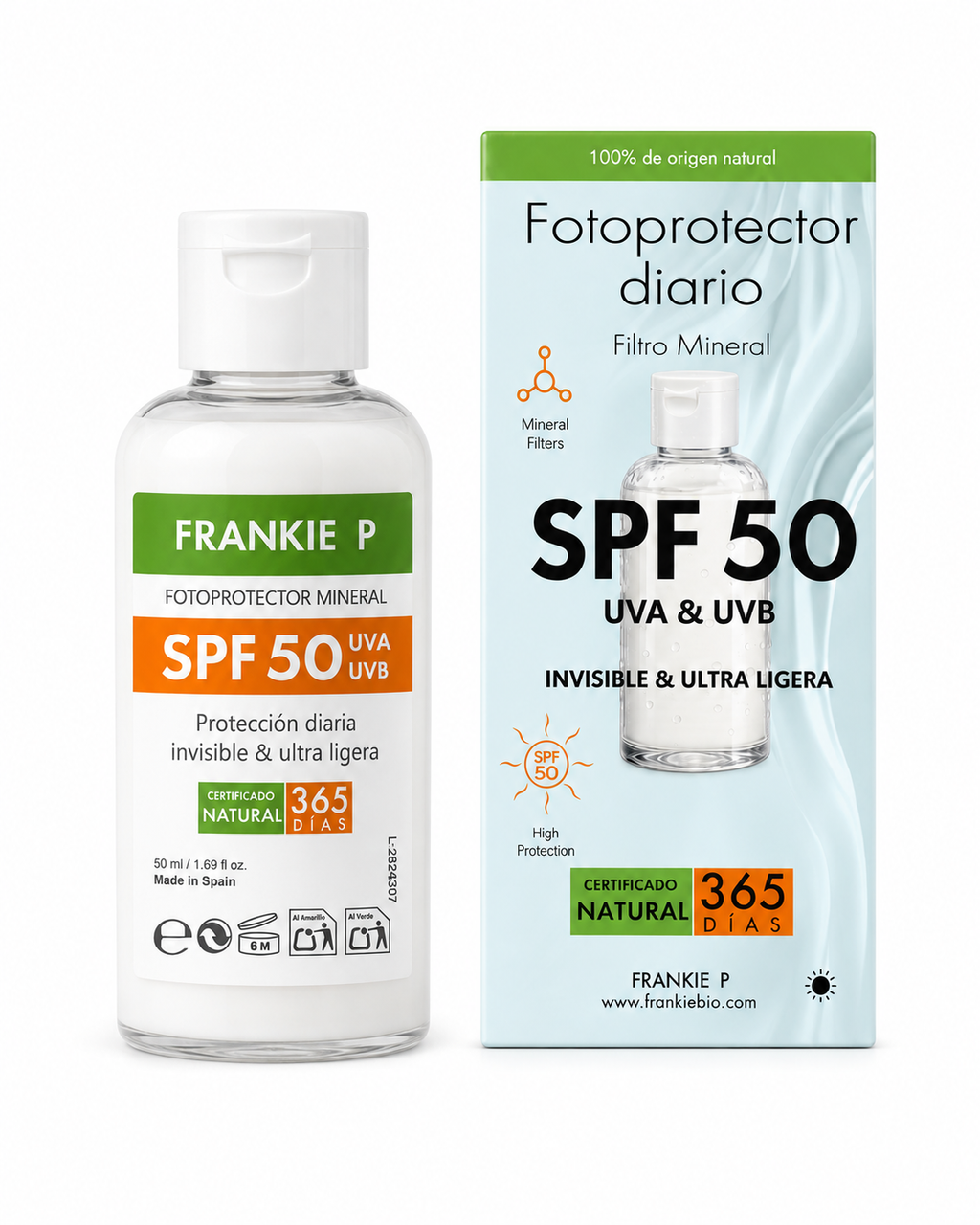 FRANKIE P Fotoprotector Mineral BIO SPF 50 50 ml con envase y estuche sobre fondo blanco