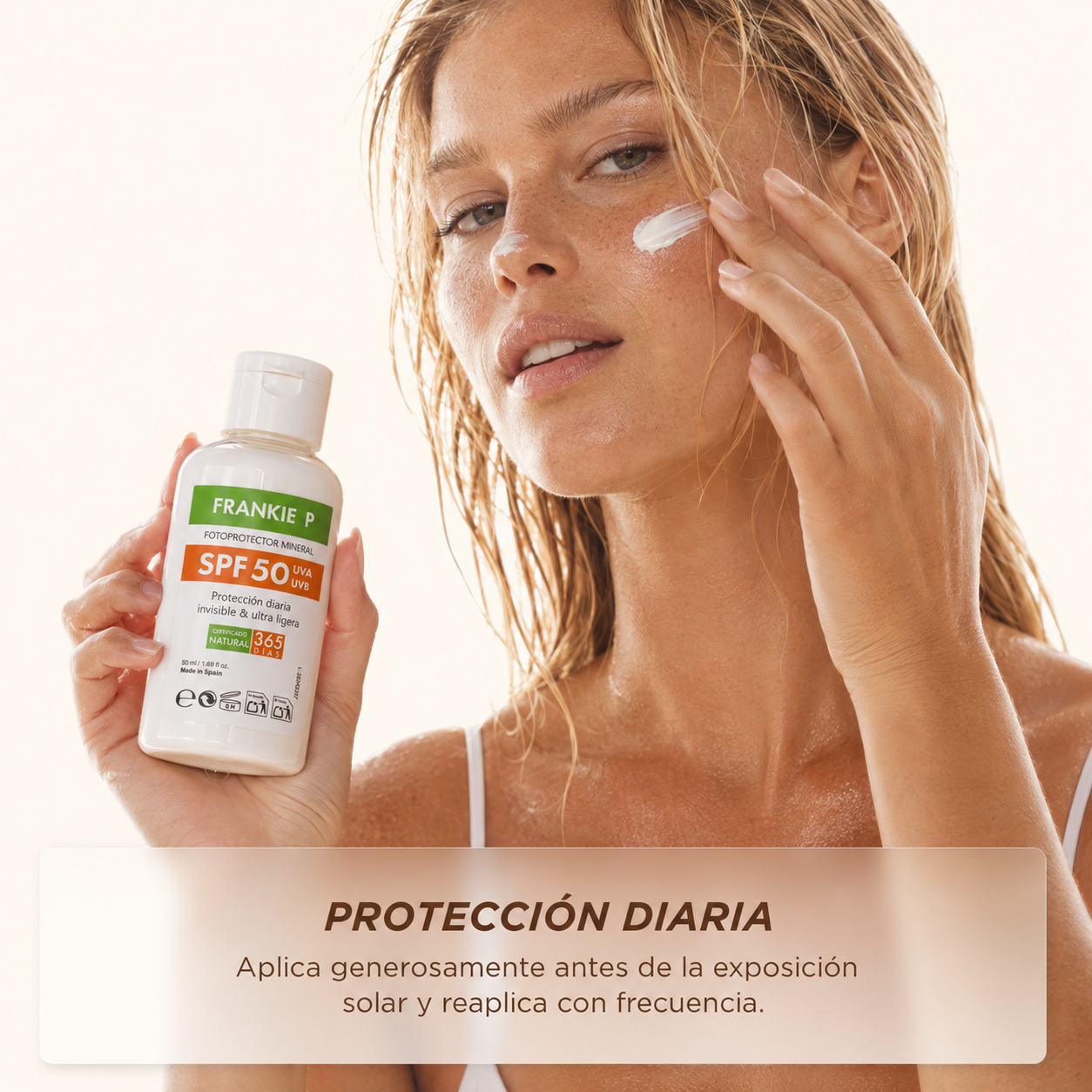 Fotoprotector Mineral BIO SPF 50 FRANKIE P 50 ml en uso