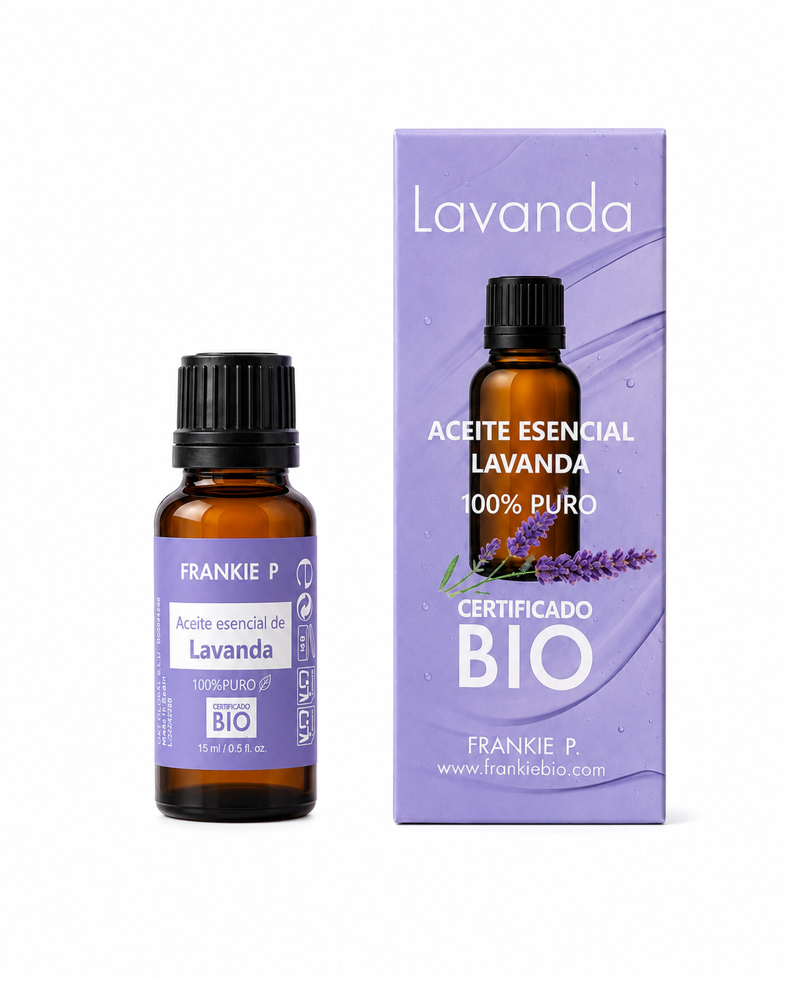 FRANKIE P Aceite Esencial de Lavanda BIO 15 ml con envase y estuche sobre fondo blanco