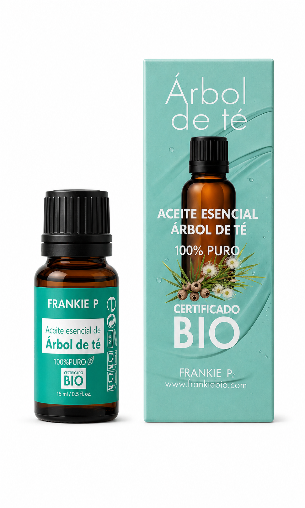 FRANKIE P Aceite Esencial de Árbol de Té BIO 15 ml con envase y estuche sobre fondo blanco