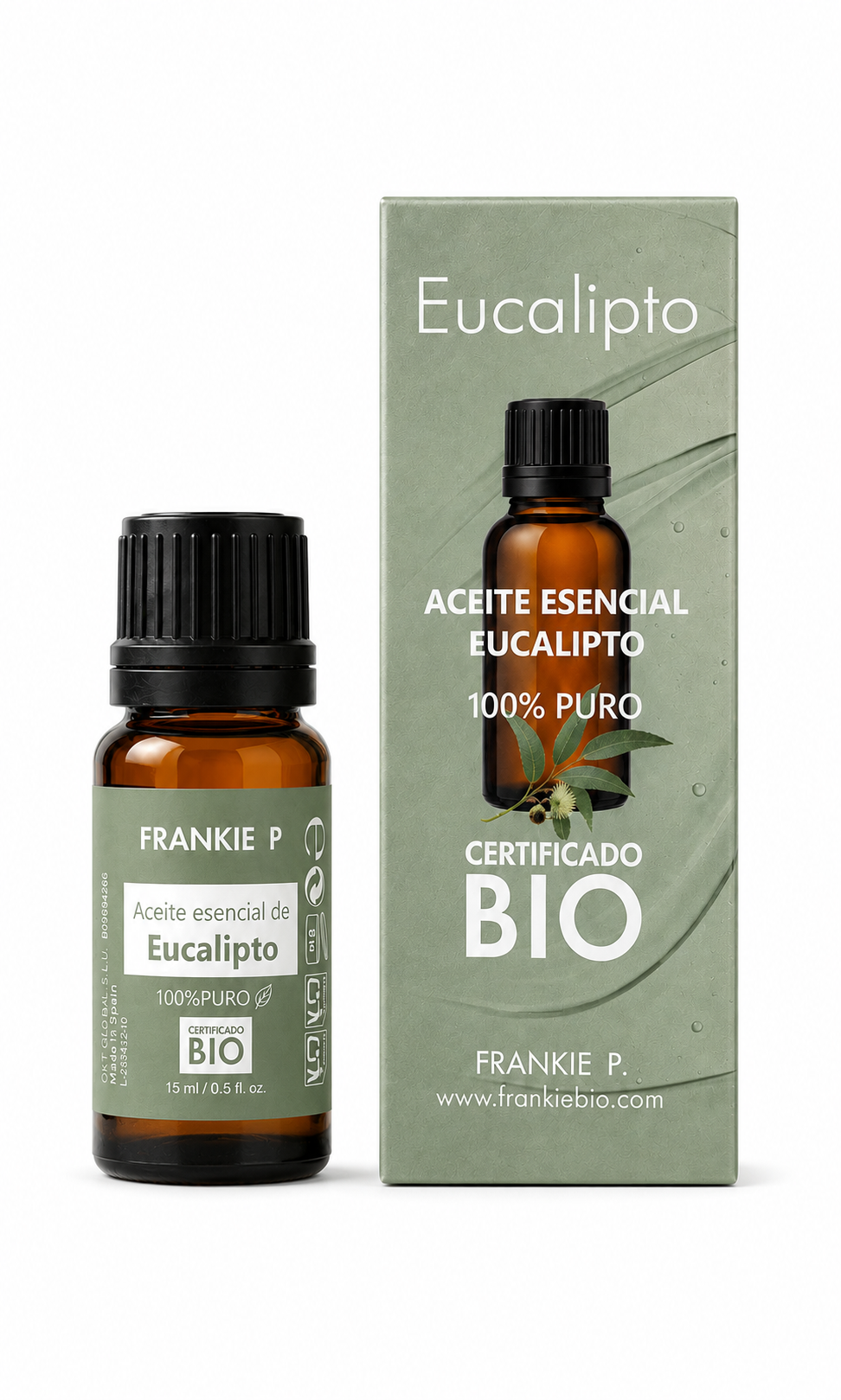 FRANKIE P Aceite Esencial de Eucalipto BIO 15 ml con envase y estuche sobre fondo blanco