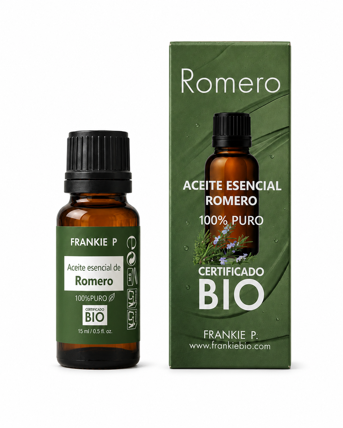 FRANKIE P Aceite Esencial de Romero BIO 15 ml con envase y estuche sobre fondo blanco