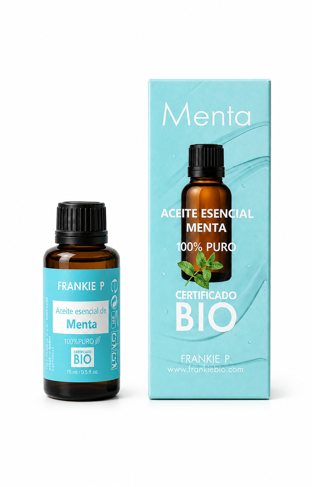 FRANKIE P Aceite Esencial de Menta Piperita BIO 15 ml con envase y estuche sobre fondo blanco