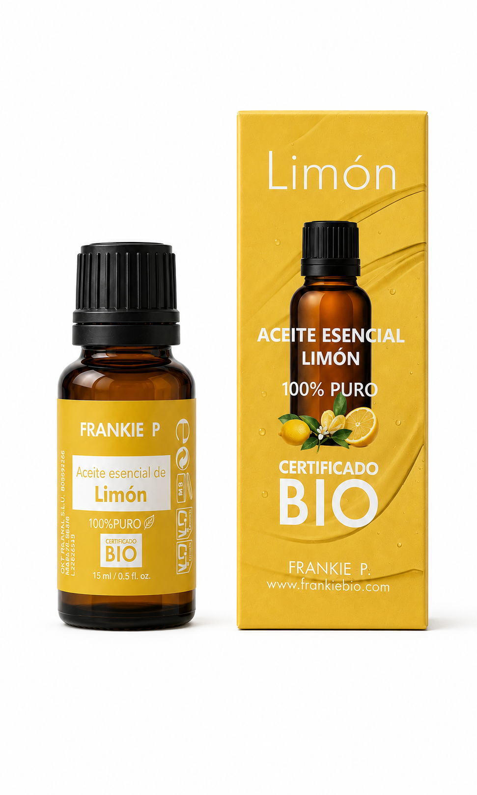 FRANKIE P Aceite Esencial de Limón BIO 15 ml con envase y estuche sobre fondo blanco