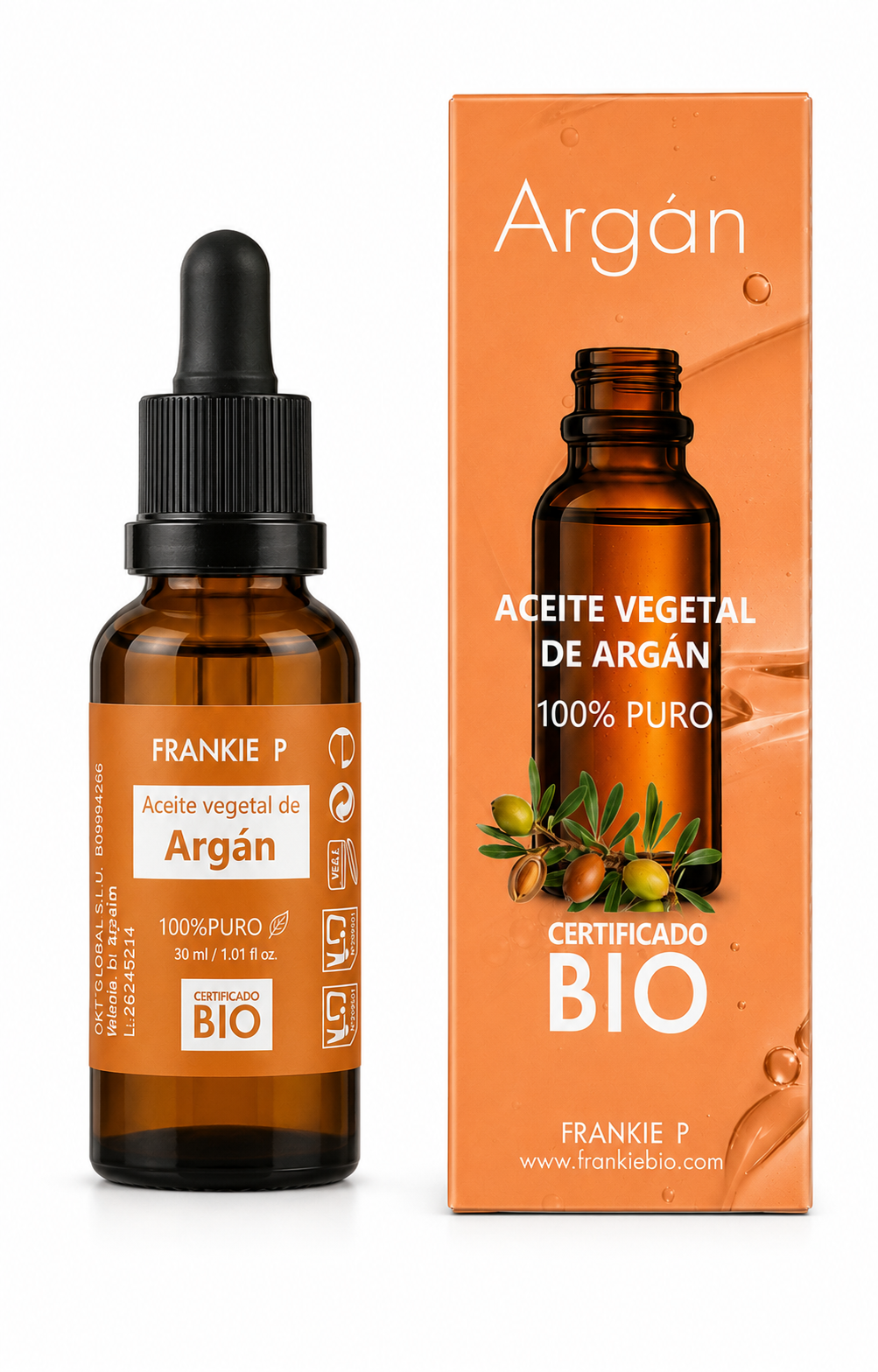 FRANKIE P Aceite Vegetal de Argán BIO 30 ml con envase y estuche sobre fondo blanco