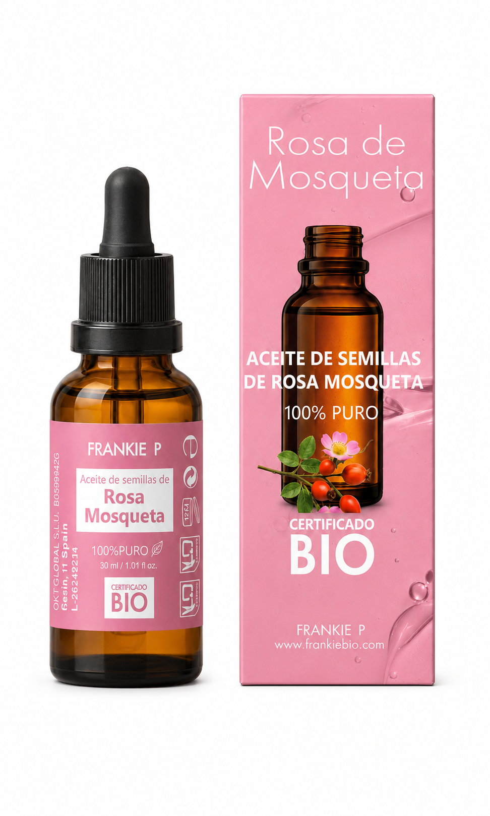 FRANKIE P Aceite de Rosa Mosqueta BIO 30 ml con envase y estuche sobre fondo blanco