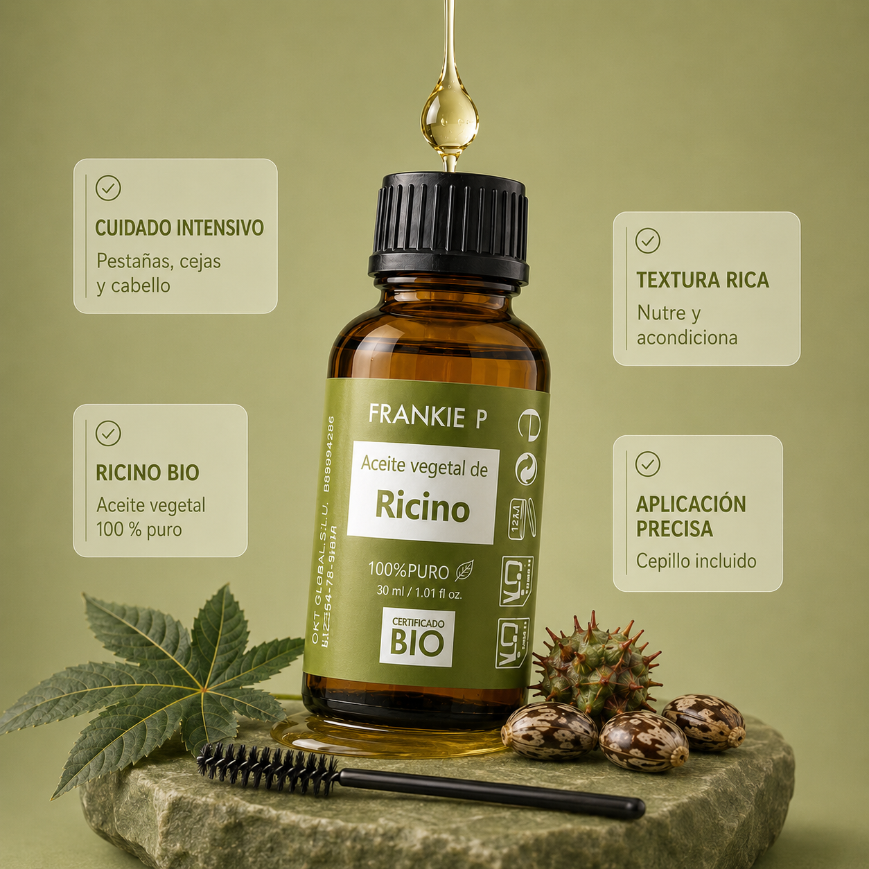 Aceite de Ricino BIO FRANKIE P con cepillo - beneficios y aplicación