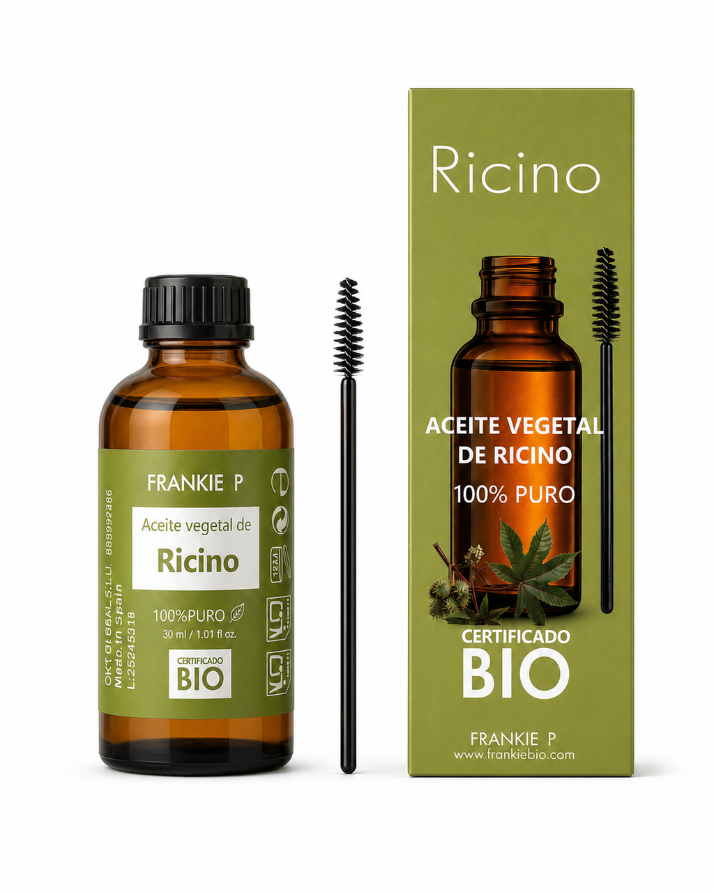 FRANKIE P Aceite de Ricino BIO 30 ml con envase estuche y cepillo sobre fondo blanco